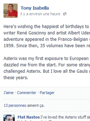 Tony Isabella rappelle l'anniversaire d'Astérix sur Facebook
